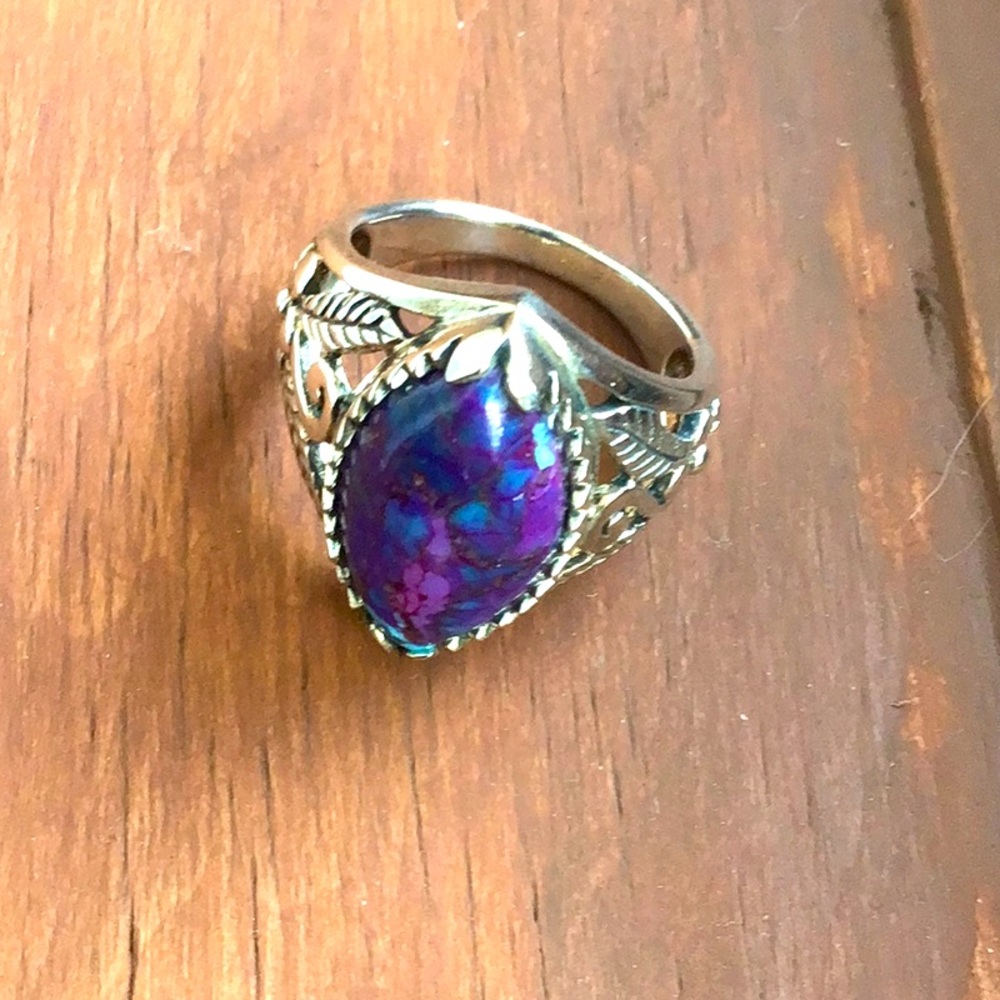 Sterling silver 925 artisan ring size 7, large purple and blue Mohave turquoise